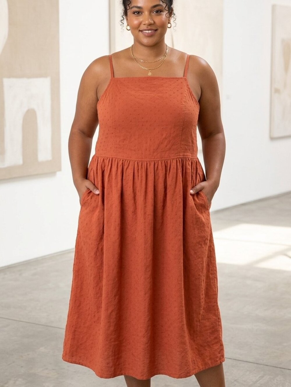 Rust Terracotta Midi Maxi Cotton Blend Smocked Strappy Embroidered Dress 4XL